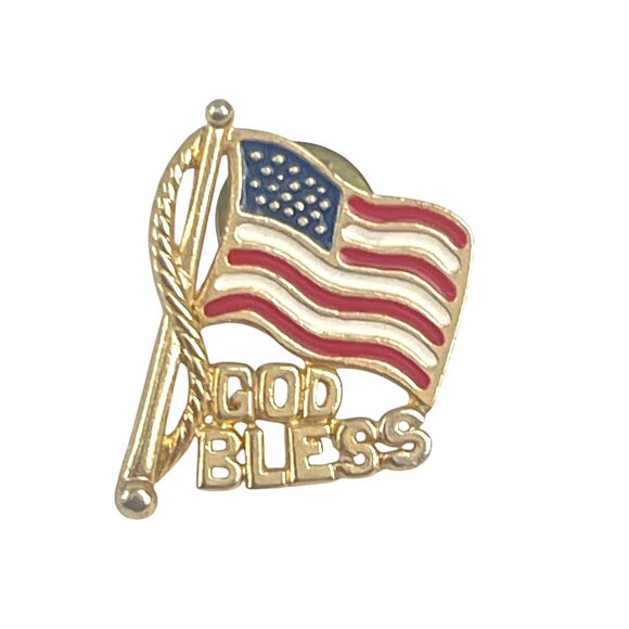 God Bless American Flag Gold Lapel Pin With Red White & Blue Enamel Patriotic Ac - Picture 4 of 7